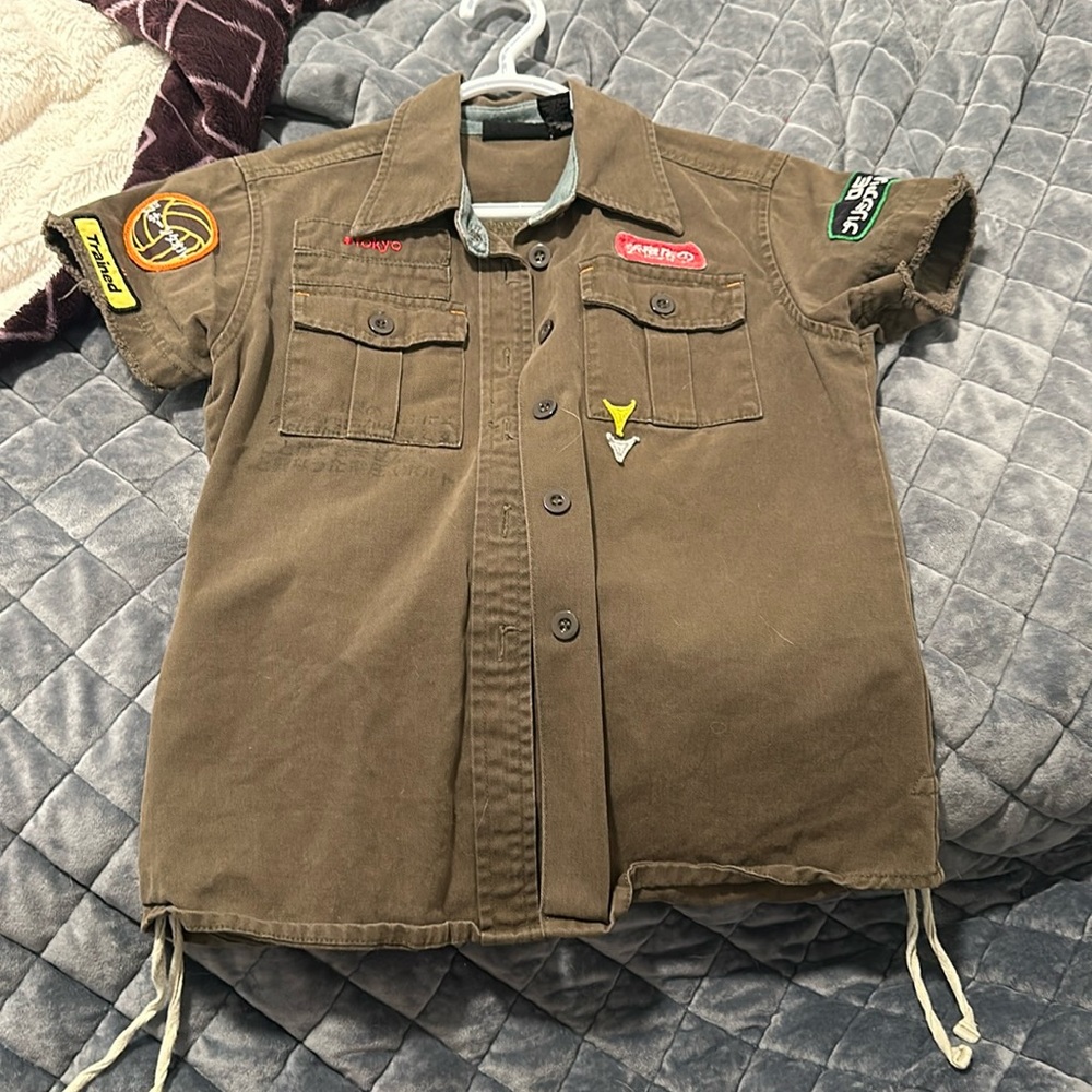 Army green button up, distressed